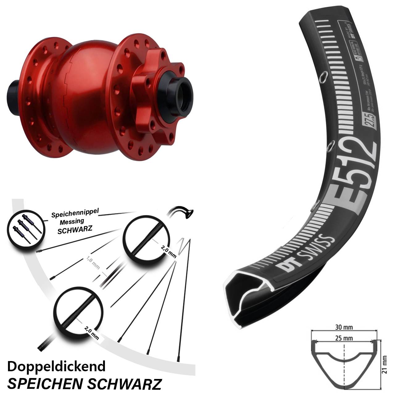 Boost Nabendynamovorderrad 6-Loch 15x110 27,5 Zoll DT Swiss E 512 SON 28 rot
