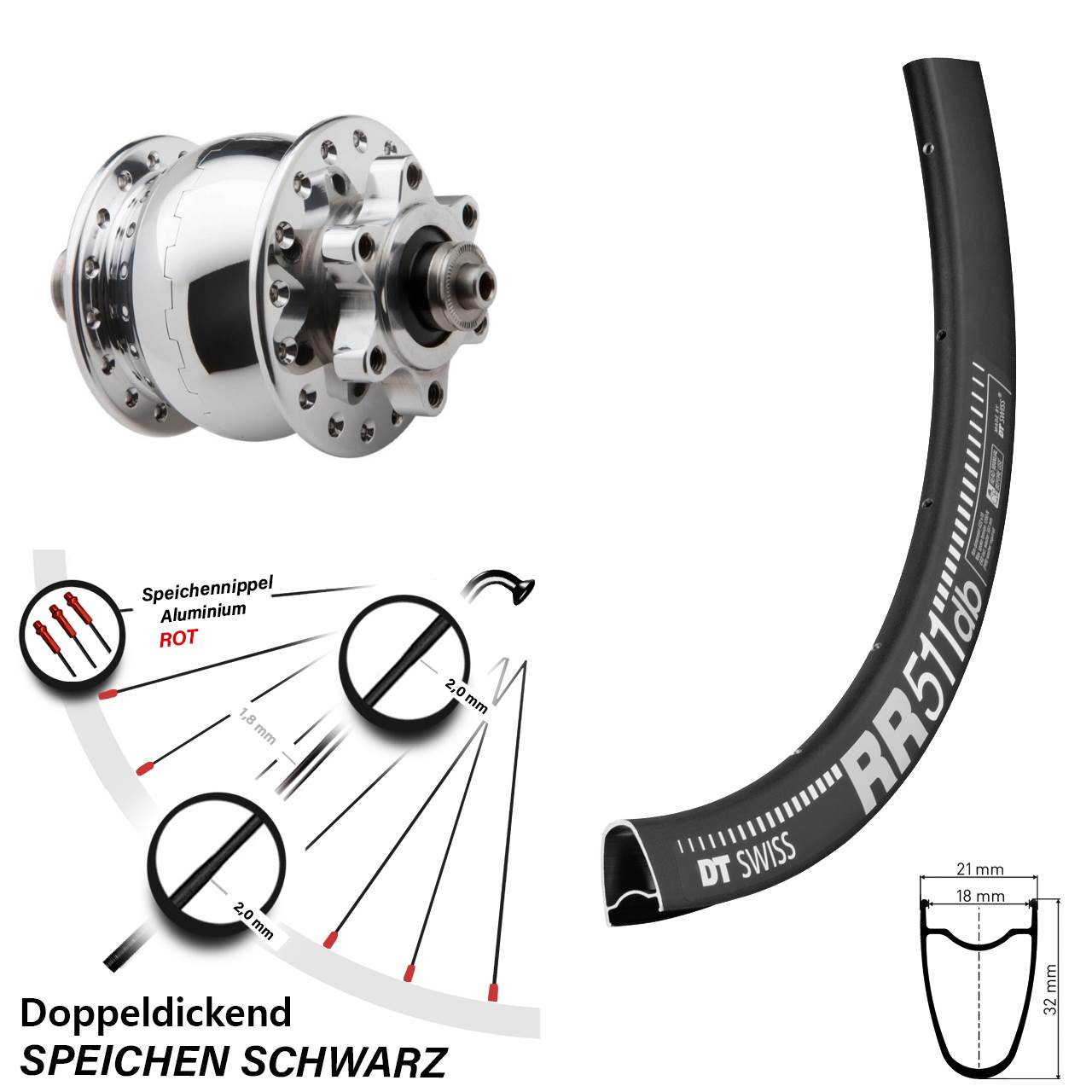 Nabendynamovorderrad 6-Loch für Schnellspanner DT Swiss RR511 SON 28 Zoll poliert
