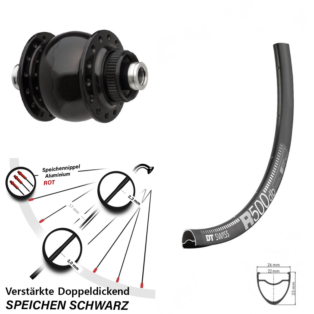 DT Swiss R500 SON 28 Zoll Disc Vorderrad mit Nabendynamo 12x100
