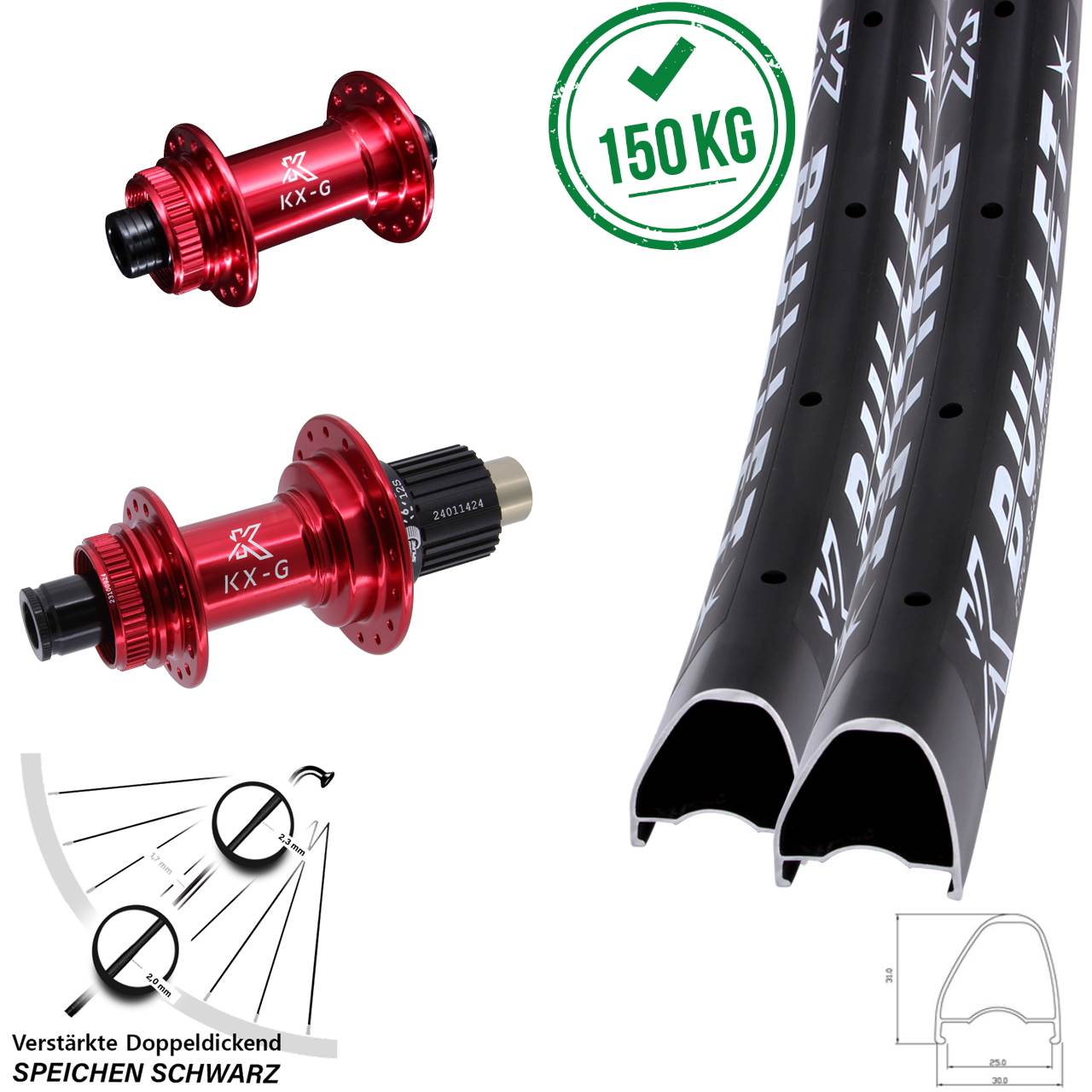Laufradsatz Centerlock 29 Zoll KX-G Bullet OS rot Shimano Micro Spline 15x100 12x142