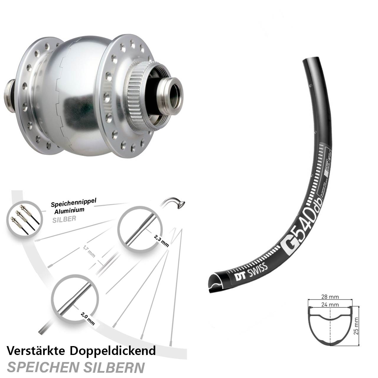 SON 28 Zoll silbern DT Swiss G 540 Disc Laufrad mit Nabendynamo 12x100