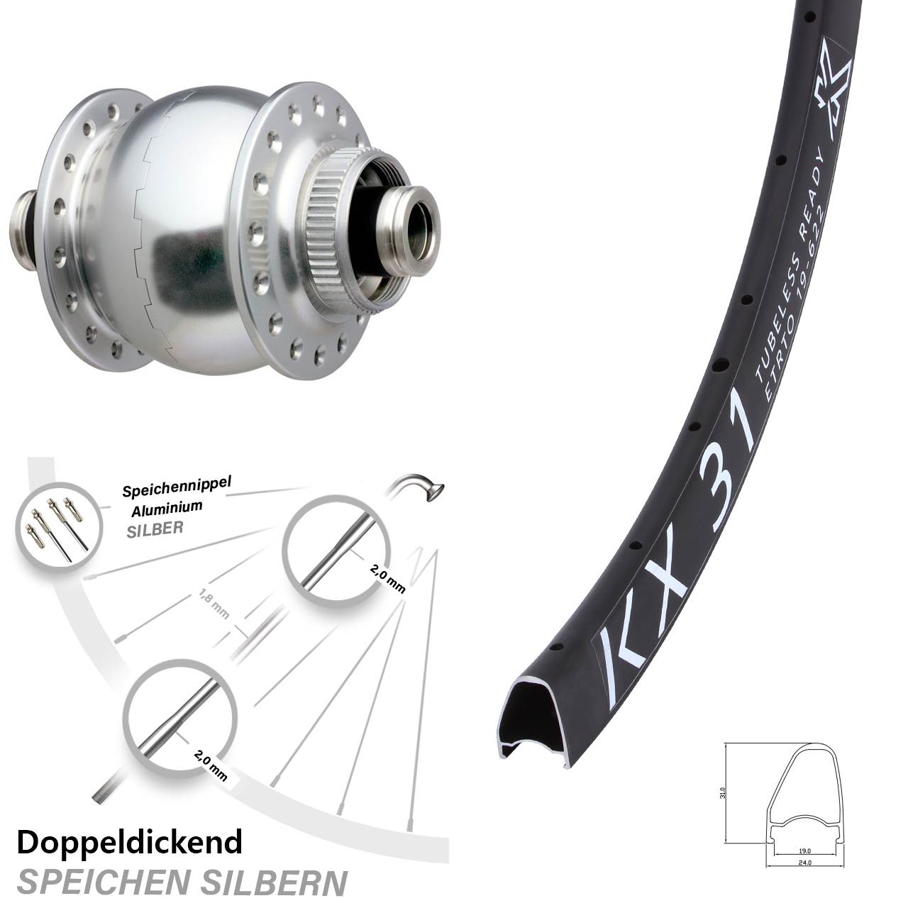 Disc Vorderrad mit Nabendynamo 12x100 silberner SON 28 Zoll KX 31 Offset