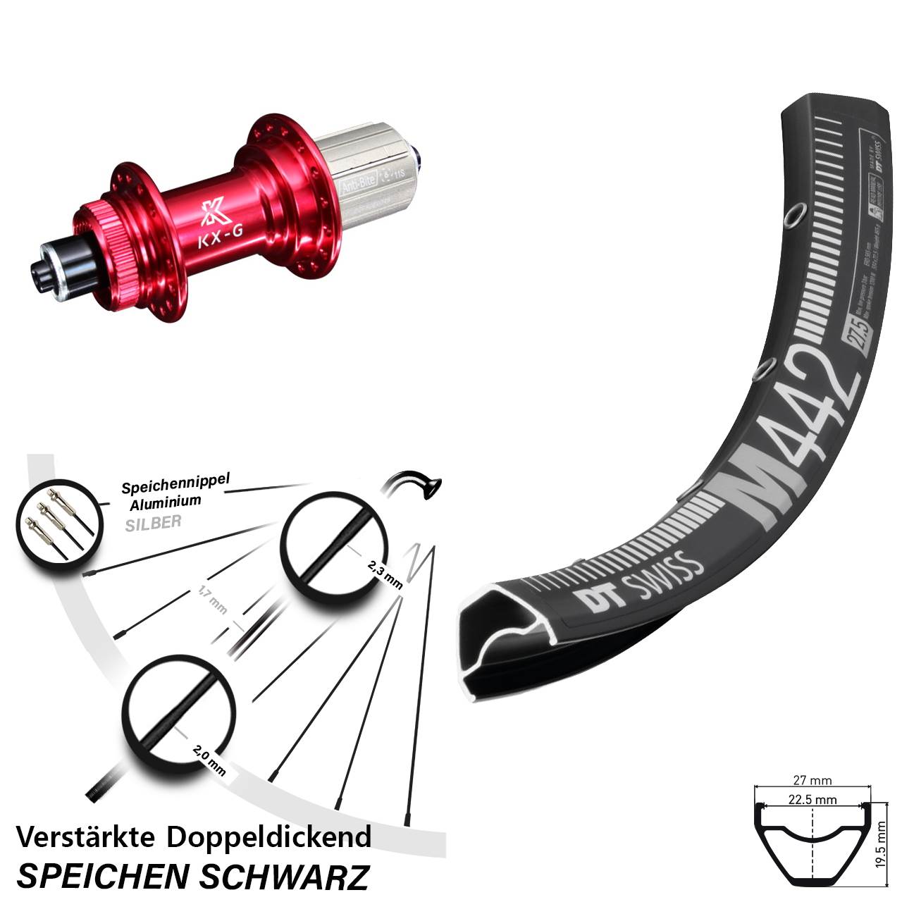 Disc Laufrad 28 Zoll DT Swiss M442 KX-G rot 8-12 fach QR