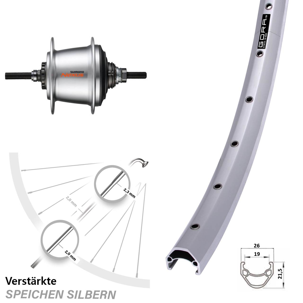 28 Zoll Hinterrad Gora 19 Shimano SG-C3001-7R 7 Gang Nexus silbern