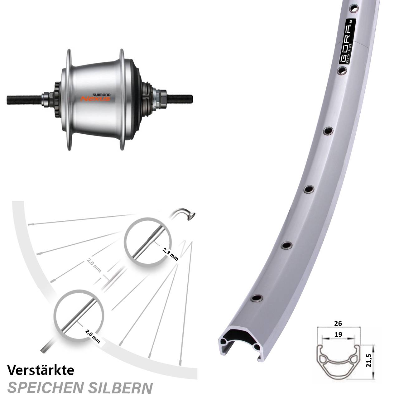 28 Zoll Hinterrad Gora 19 Shimano SG-C3001-7R 7 Gang Nexus silbern