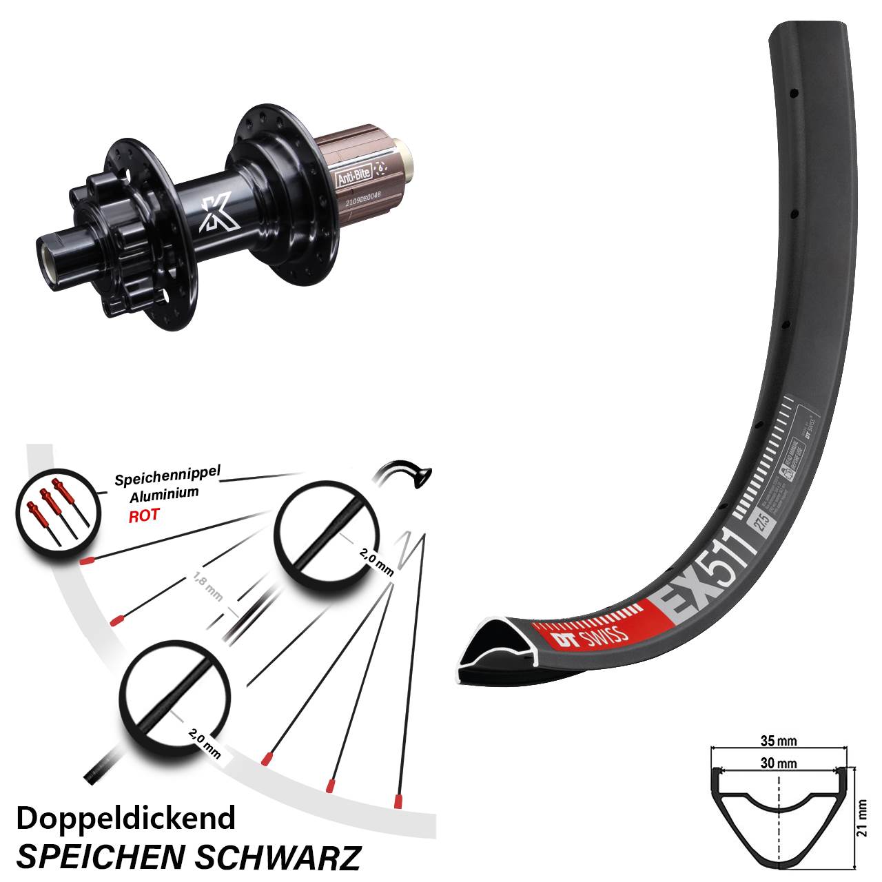DT Swiss EX 511 Hinterrad 29 Zoll KX-M 6-loch Nabe 12x142 mm 8-12 fach