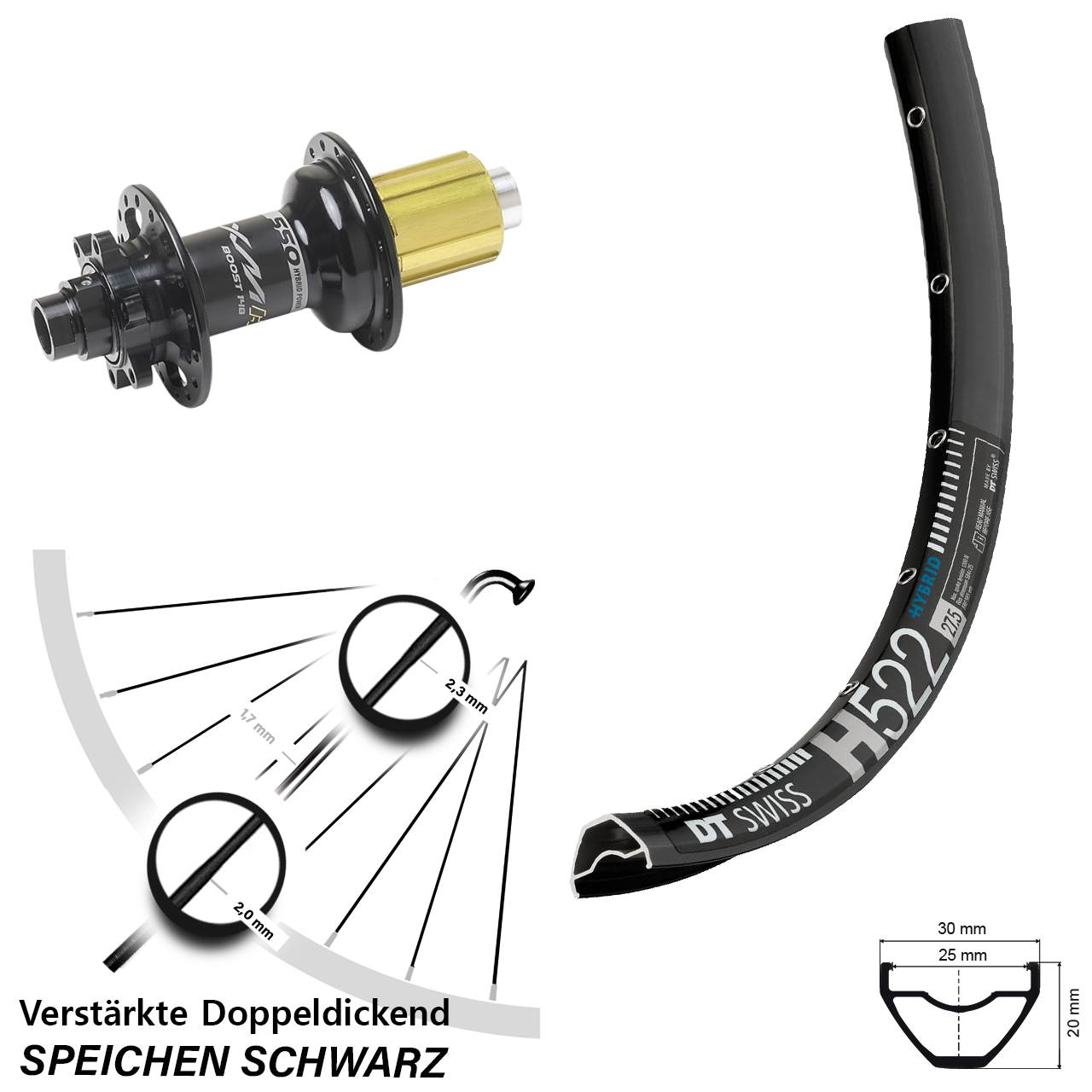 29 Zoll DT Swiss H 522 Miche XMH 550 Hinterrad 6-Loch 12x148 8-11 fach