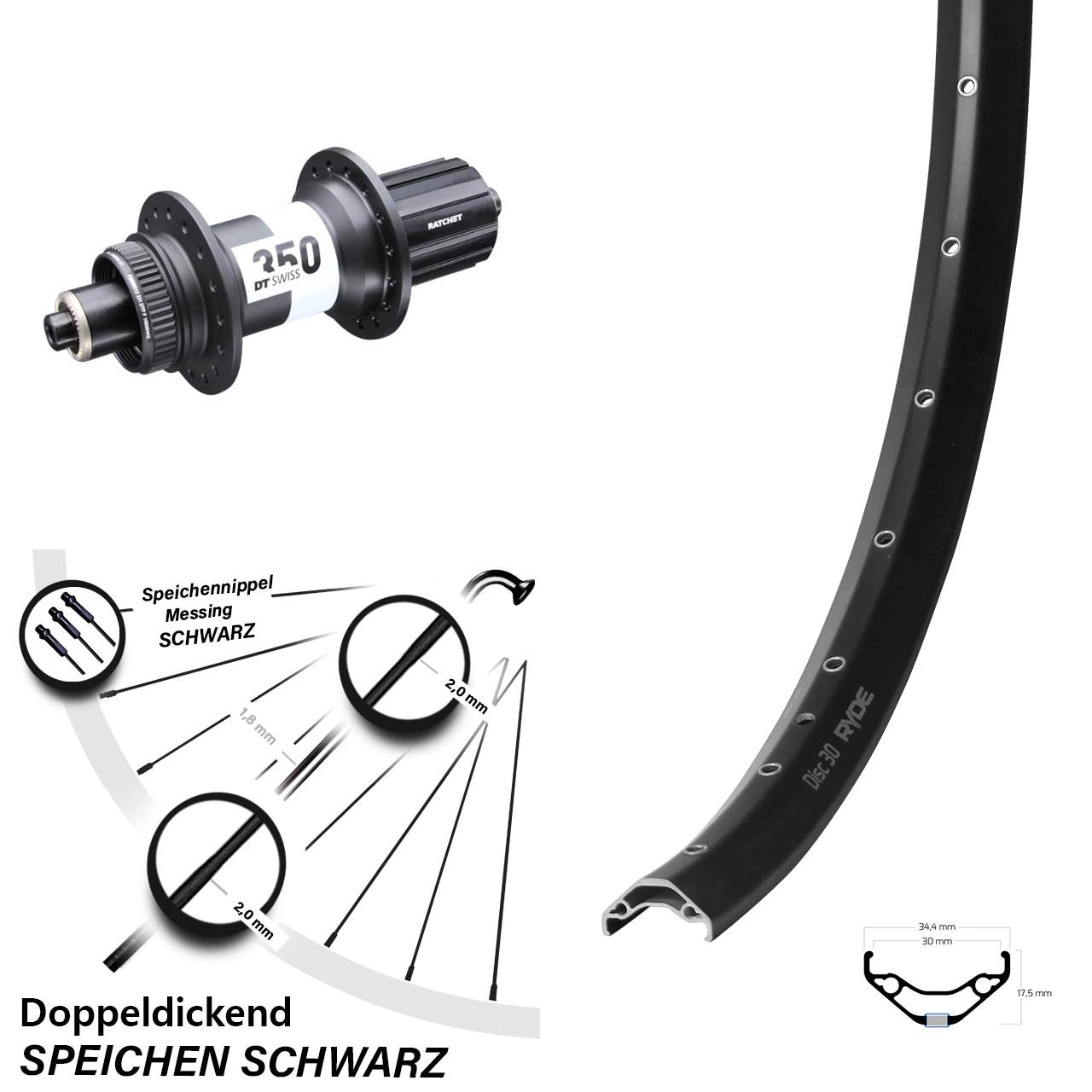 Disc Laufrad 29 Zoll Ryde Disc 30 DT Swiss 350 8-11 fach für Schnellspanner Boost