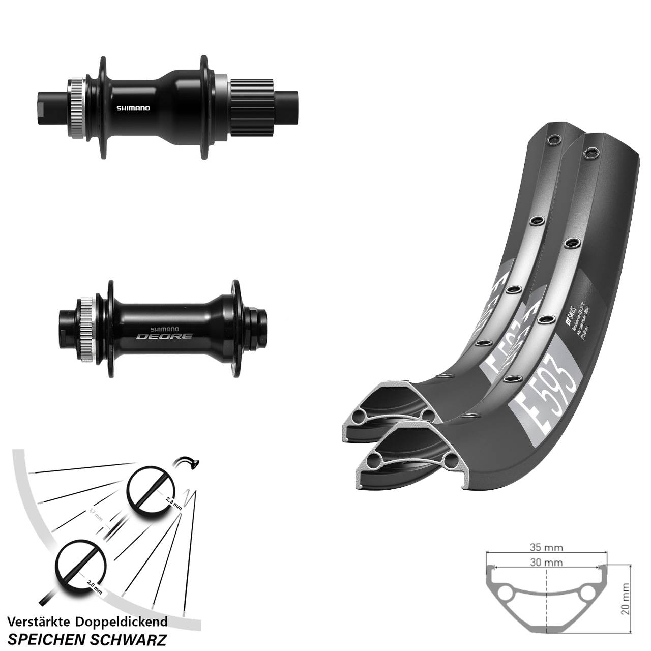 Laufradsatz Disc 29 Zoll DT Swiss E593 Shimano FH-TC500 HB-M6010-B Micro Spline Boost