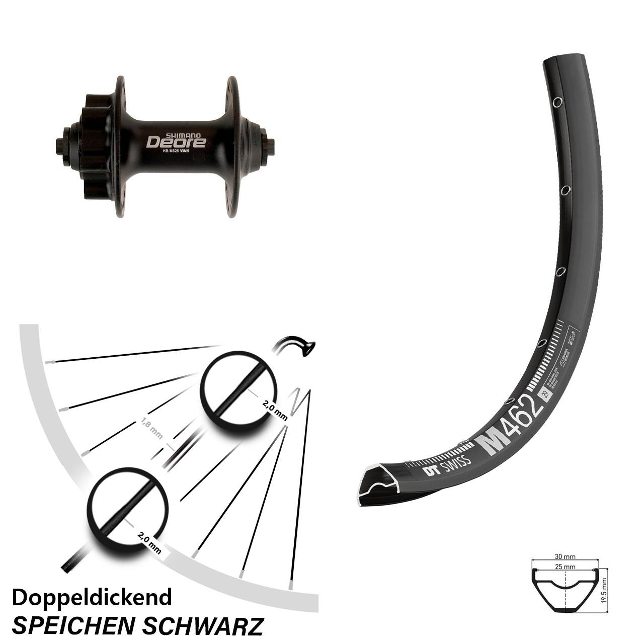 DT Swiss M 462 Shimano Deore HB-M525 27,5 Zoll Disc Laufrad für Schnellspanner