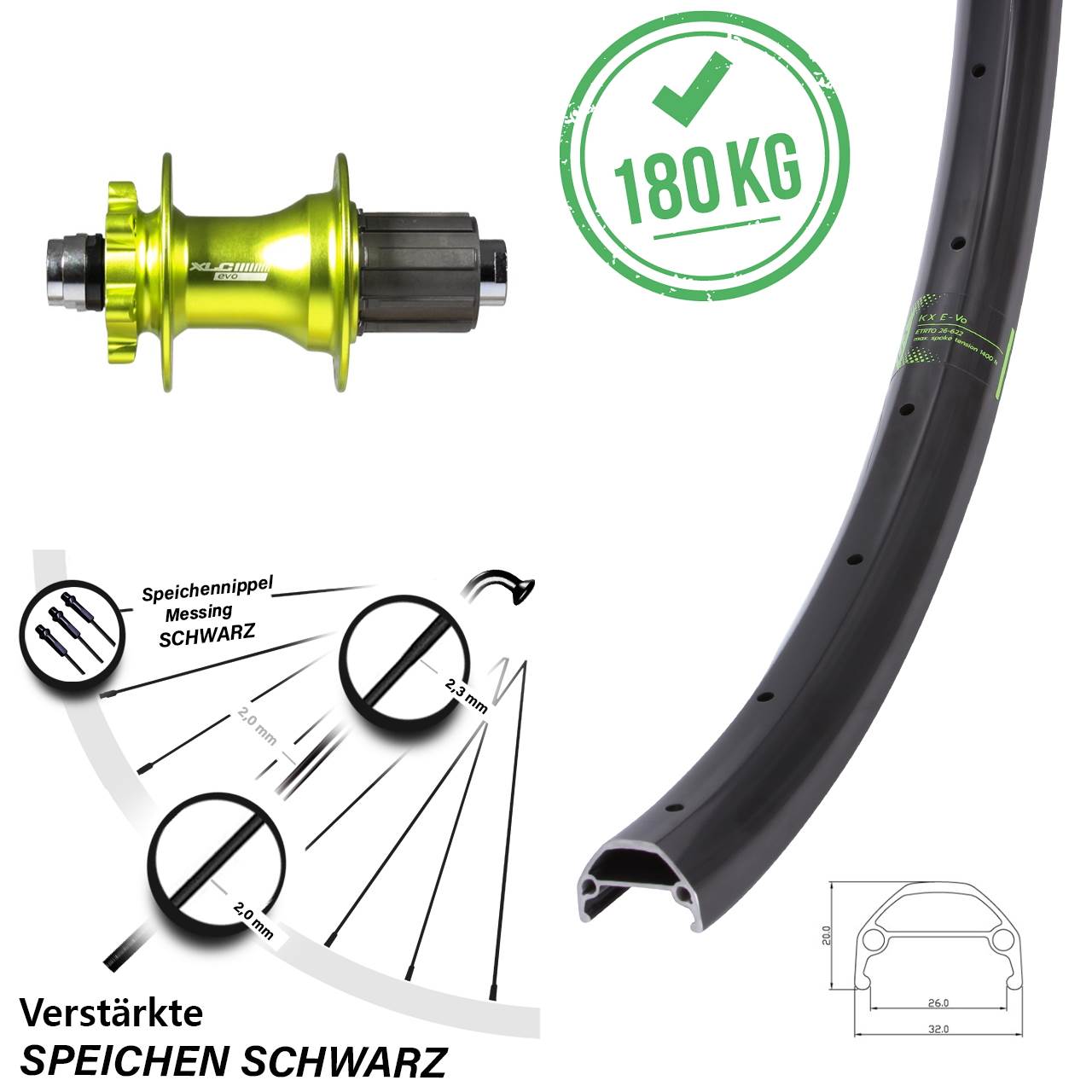 KX Evo Disc Lastenrad E-Bike Hinterrad 29 Zoll mit XLC Nabe 12x142 mm grün eloxiert 8-11 fach