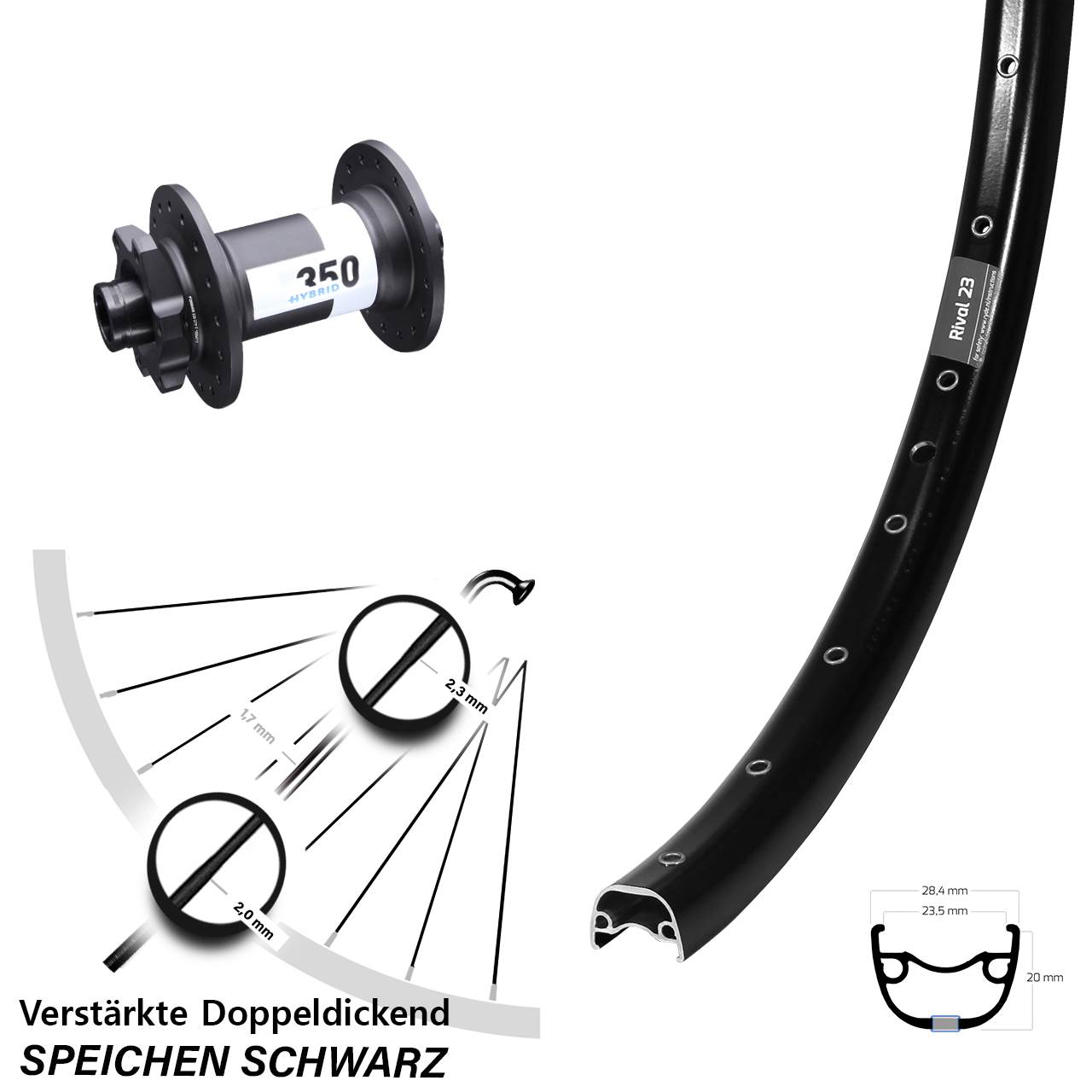 650B Ryde Rival 23 DT Swiss 350 Hybrid Disc Vorderrad 15x110 Boost