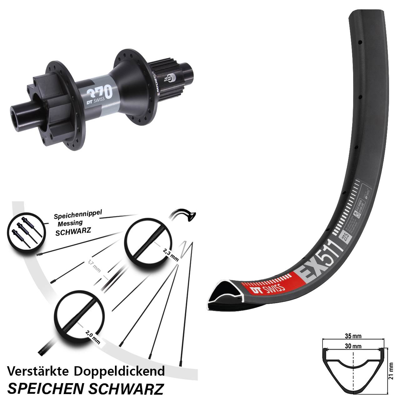 Hinterrad 29 Zoll DT Swiss EX 511-370 Shimano Micro Spline 12x148 6-Loch