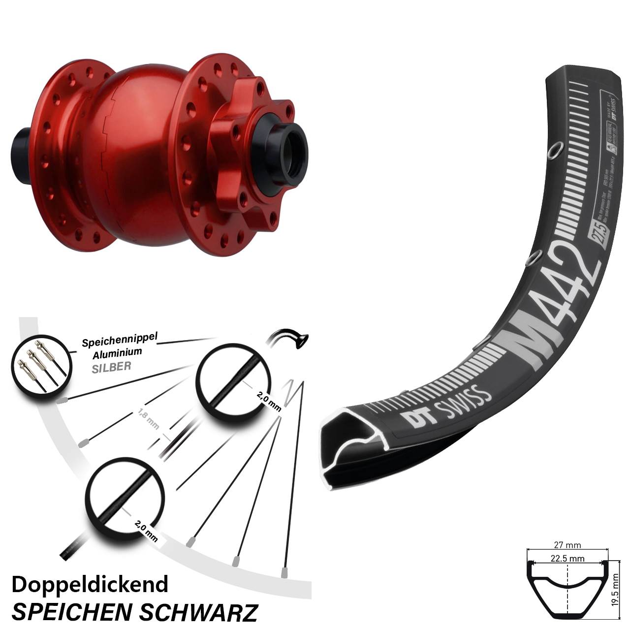 6-Loch Dynamo-Vorderrad 28-29 Zoll DT Swiss M442 SON 28 rot 15x110 Boost