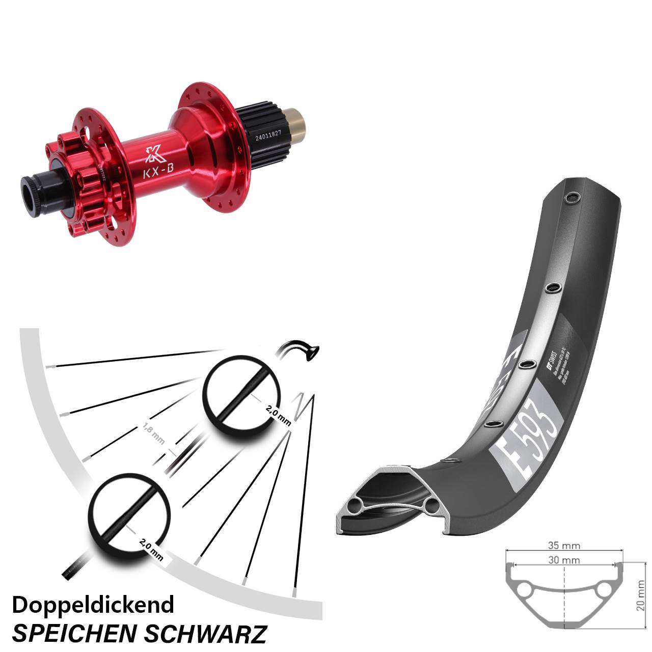 DT Swiss E593 27,5 Zoll Hinterrad KX-B rot 6-Loch Micro Spline 12x148