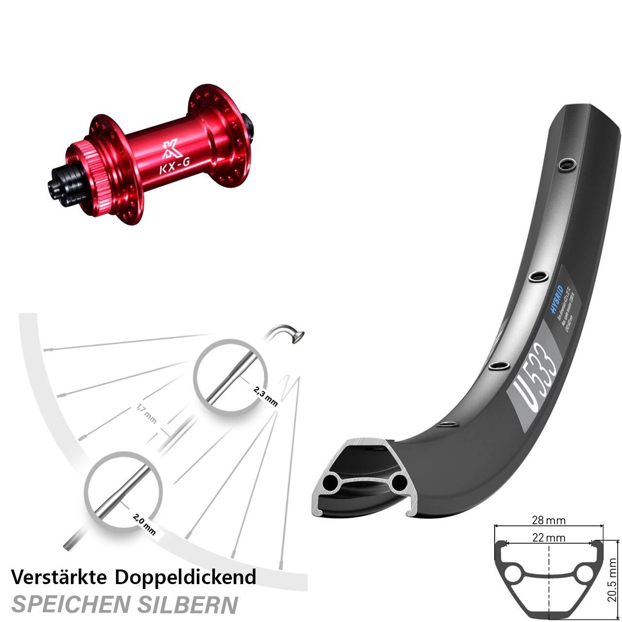 DT Swiss U533 KX-G rot 28 Zoll Disc Vorderrad für Schnellspanner