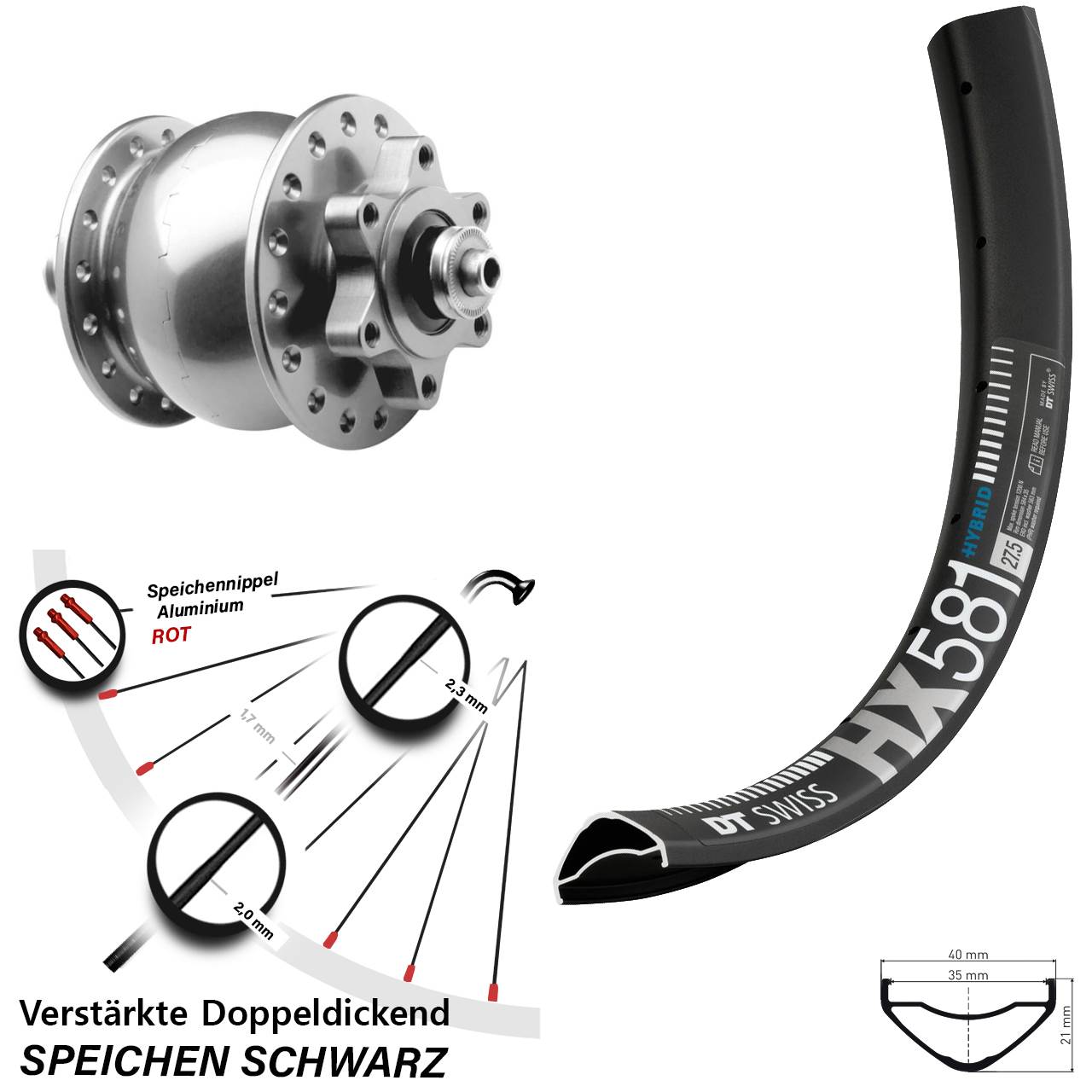 Nabendynamovorderrad 6-Loch für Schnellspanner 27,5 Zoll DT Swiss HX 581 SON 28 silbern