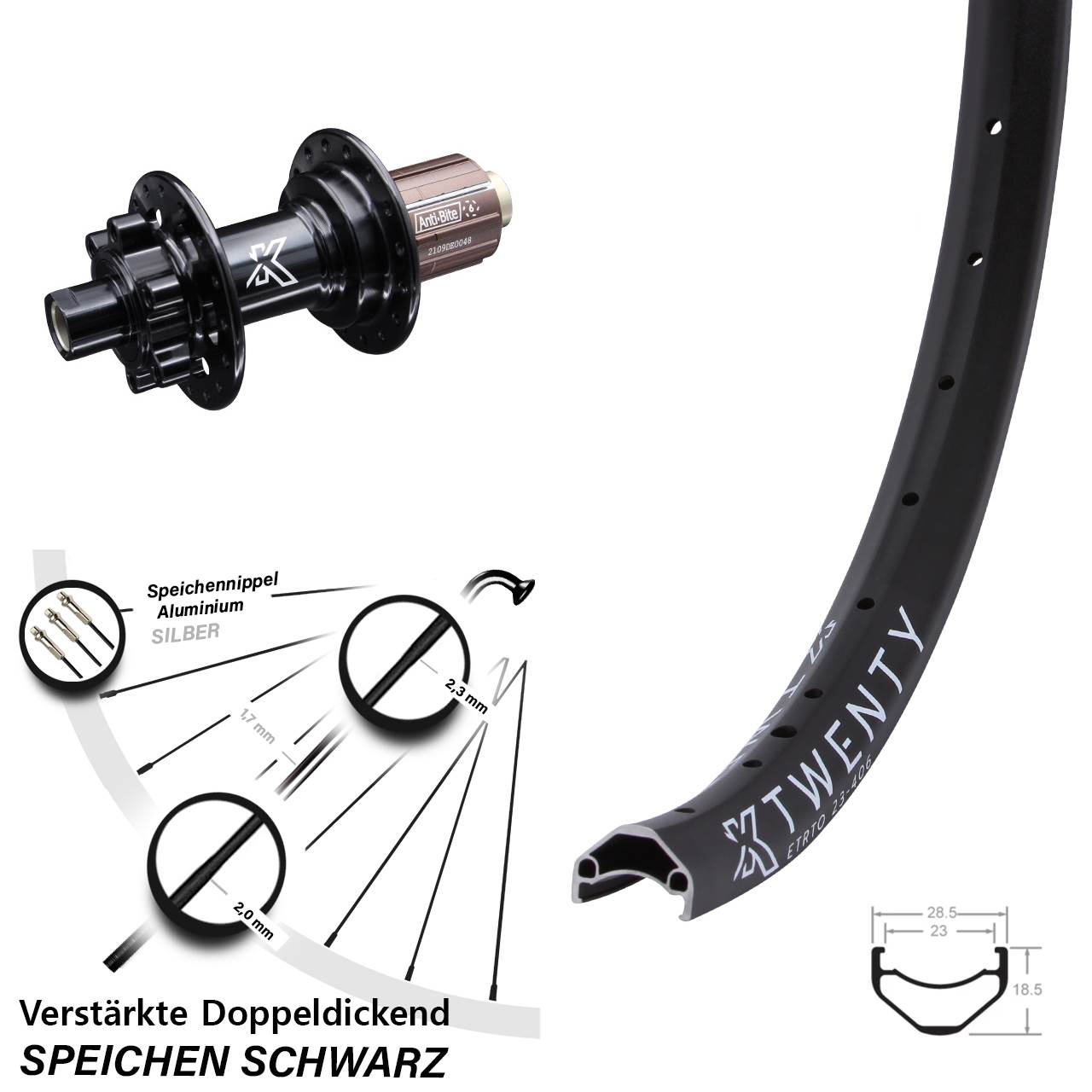20 Zoll Hinterrad leicht Steckachse 12x142 mm KX-M Twenty Shimano 8-12 fach Disc 6-Loch