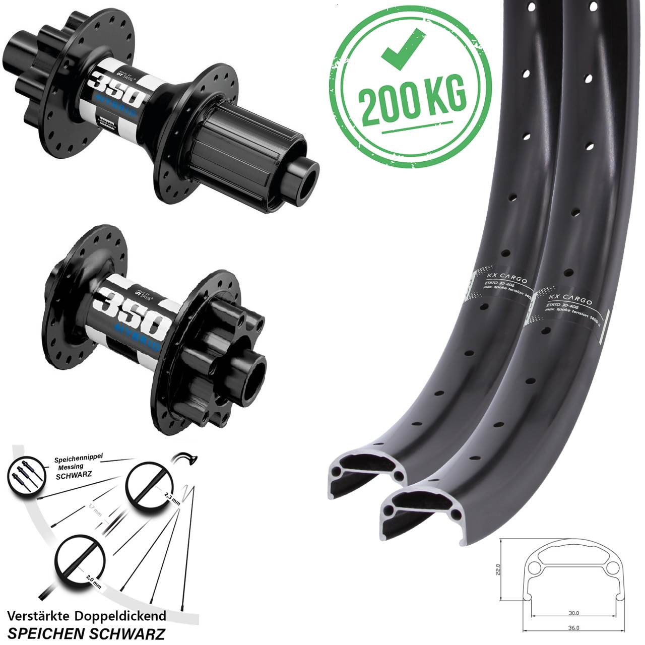 Laufrad-Satz 15x110 12x148 26 Zoll KX Cargo DT Swiss 350 Hybrid 6-Loch 8-11 fach