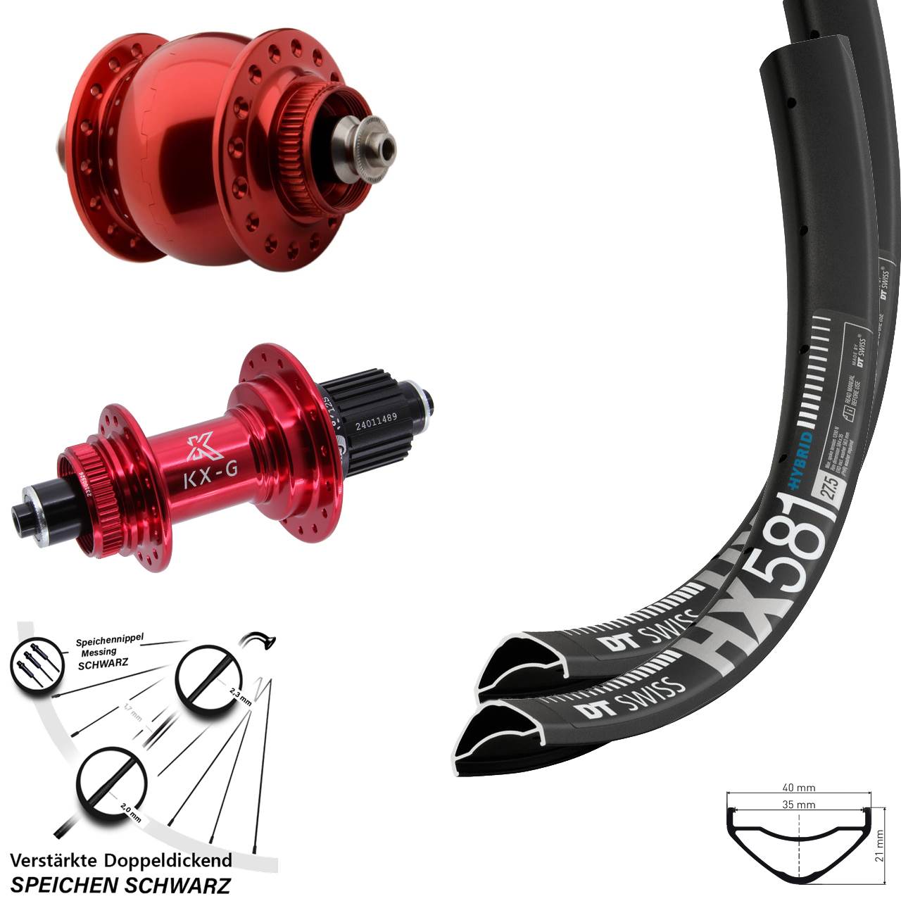 Disc Laufrad-Satz 27,5 Zoll DT Swiss HX581 KX-G SON delux rot Shimano Micro Spline QR