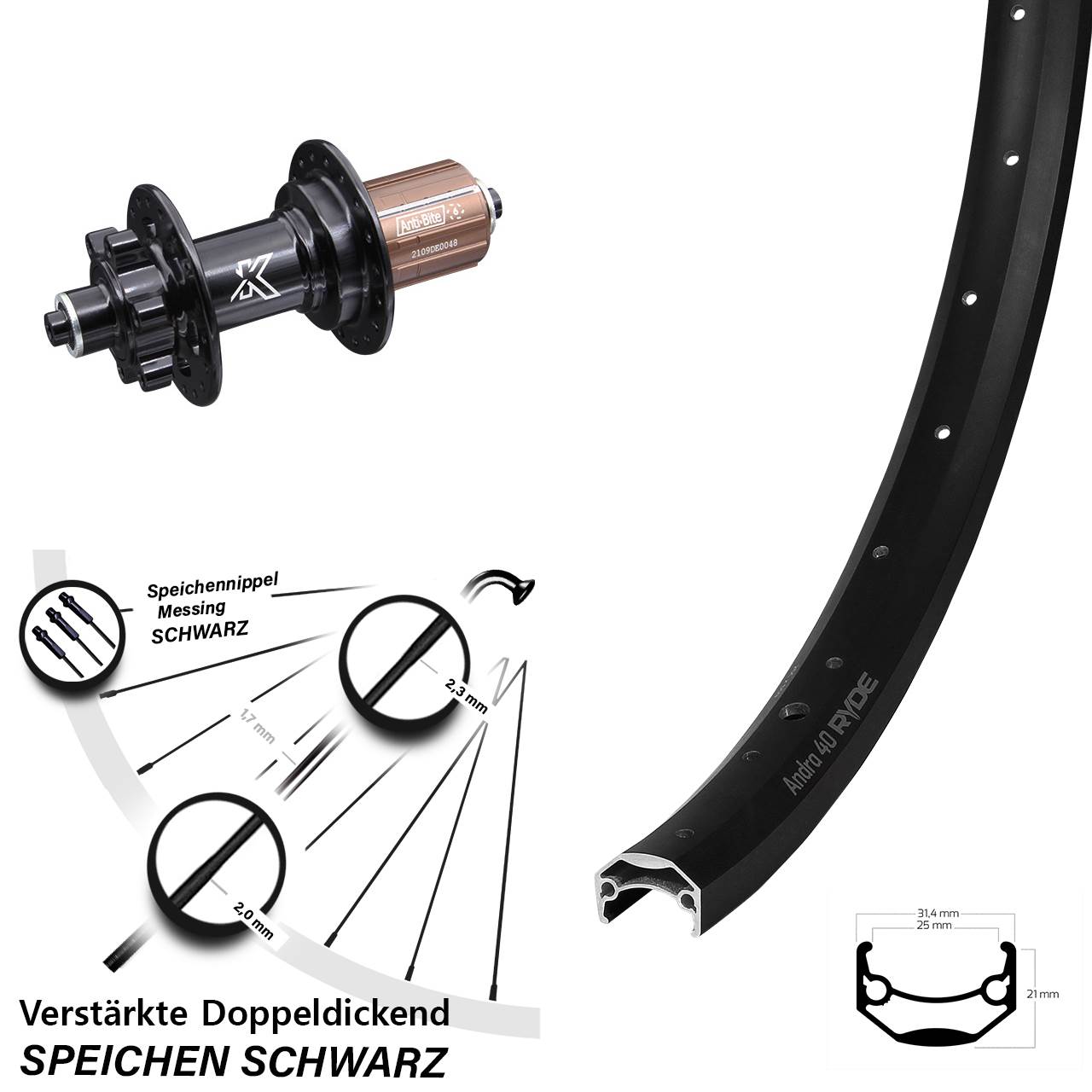Lastenrad Ryde Andra 40 Disc KX-M Nabe 5x135 mm 6-Loch Hinterrad 28 Zoll