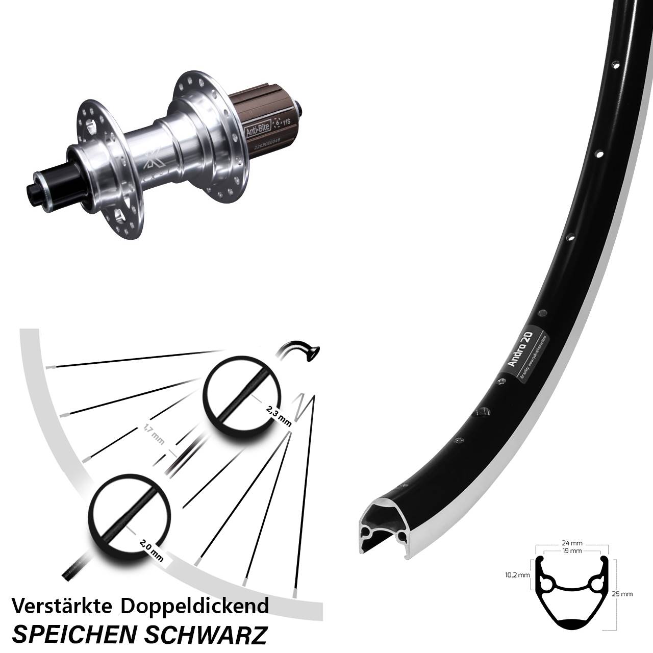 Hinterrad 28 Zoll Ryde Andra 20 KX-T 8-12 fach für Schnellspanner