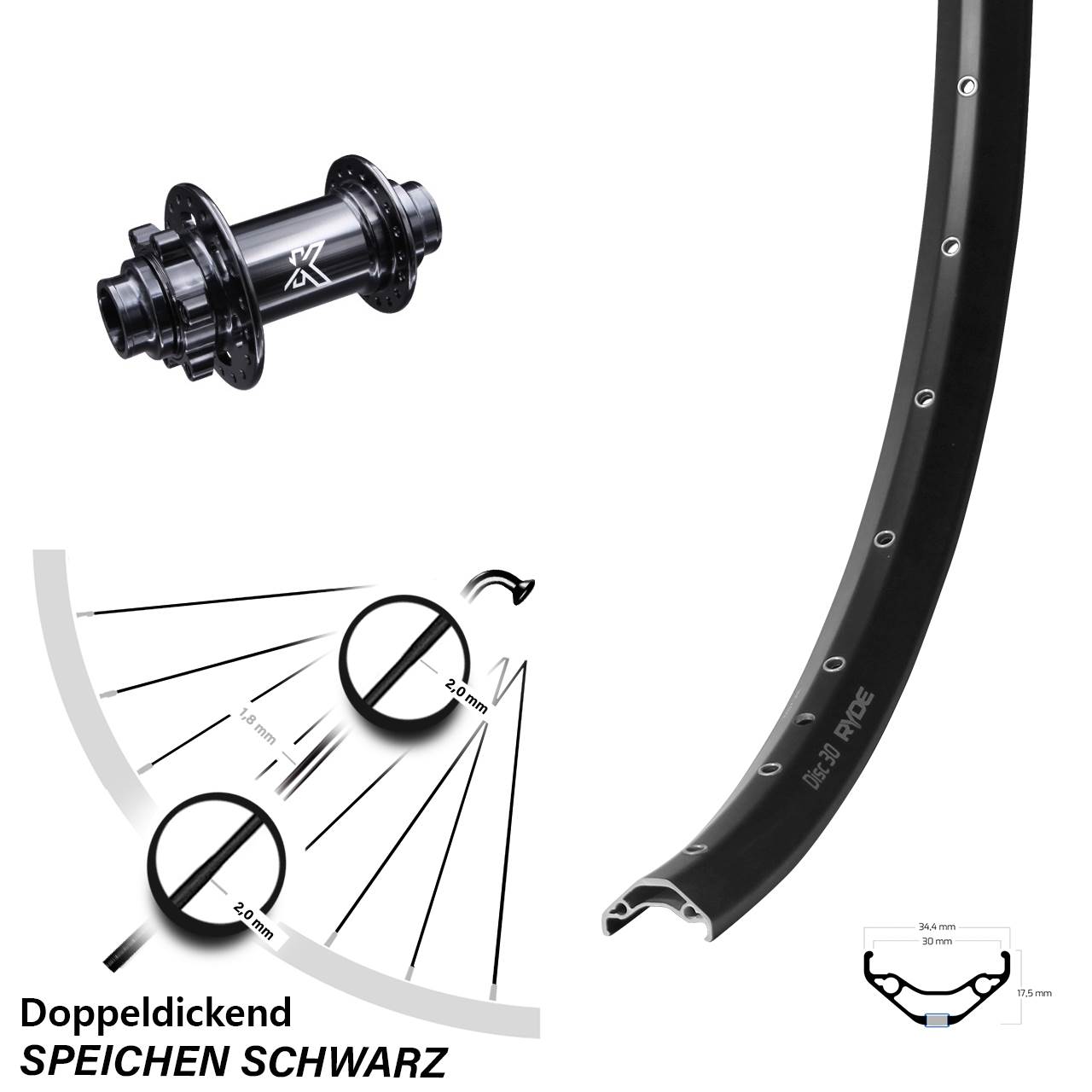 27,5 Zoll MTB Ryde Disc 30 KX-M 6-Loch Vorderrad 20x110 non Boost
