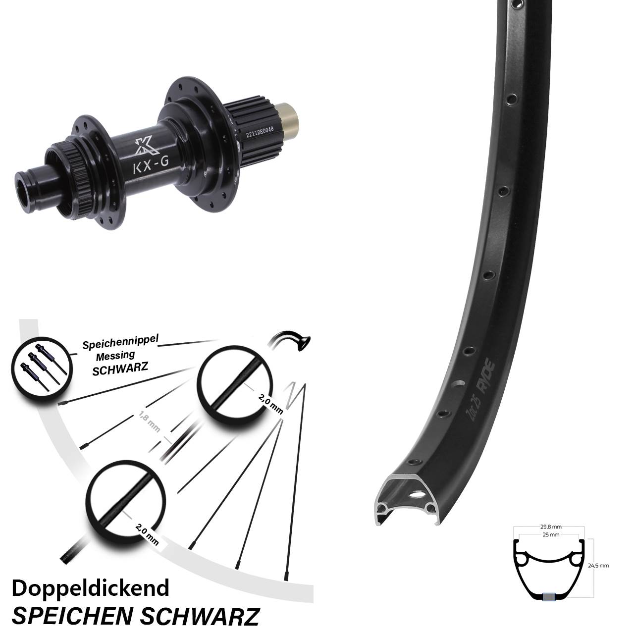 Hinterrad 28-29 Zoll Ryde ZAC 25 KX-G 12x142 Centerlock Micro Spline