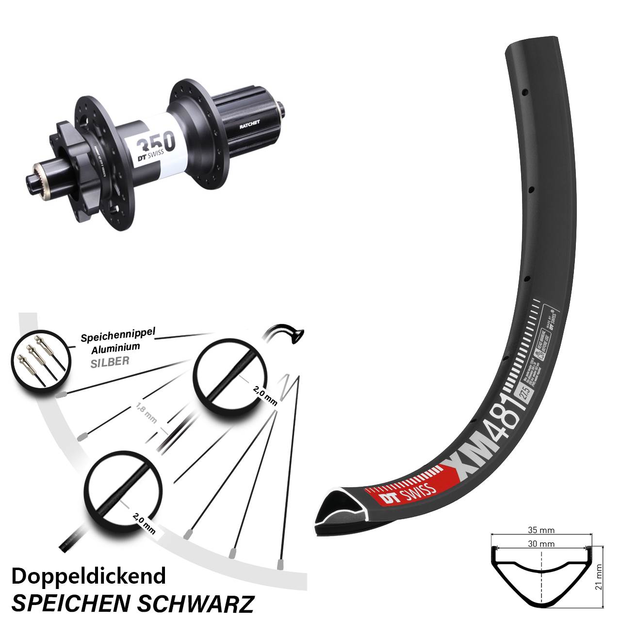 Boost 6-Loch Hinterrad für Schnellspanner 27,5 Zoll DT Swiss XM481-350 8-11 fach HG