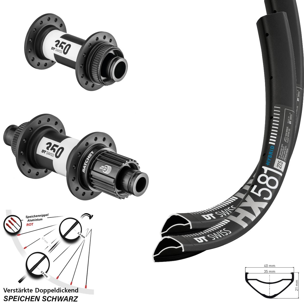 Centerlock Laufradsatz 27,5 Zoll DT Swiss HX581 350 Micro Spline 15x100 12x142