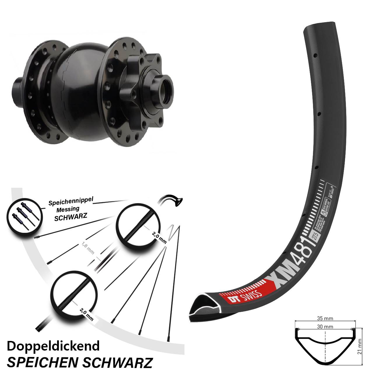 Vorderrad 27,5+ Zoll DT Swiss XM 481 Nabendynamo Boost Son