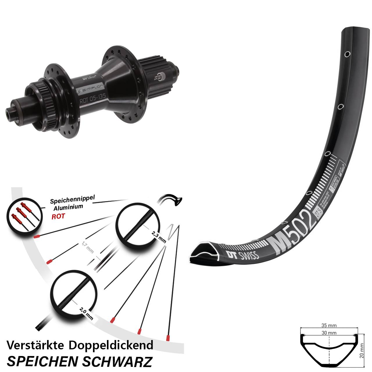 Disc Hinterrad 27,5 Zoll DT Swiss M 502-370 Hybrid Micro Spline QR