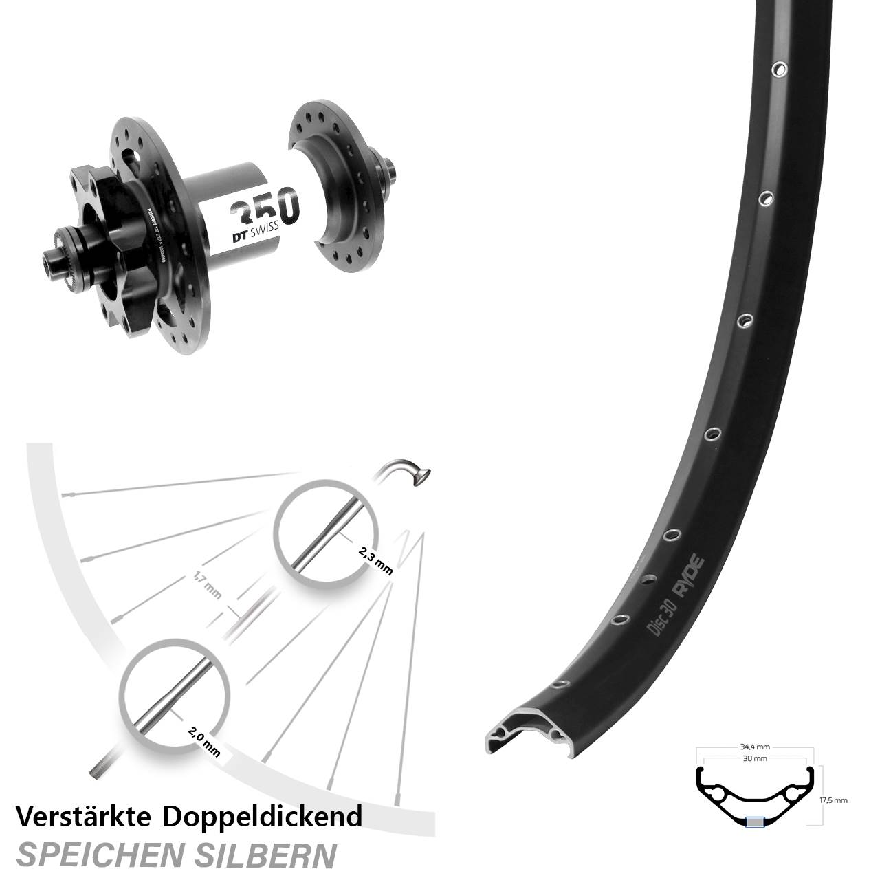 Vorderrad 6-Loch für Schnellspanner 29 Zoll Ryde Disc 30 DT Swiss 350
