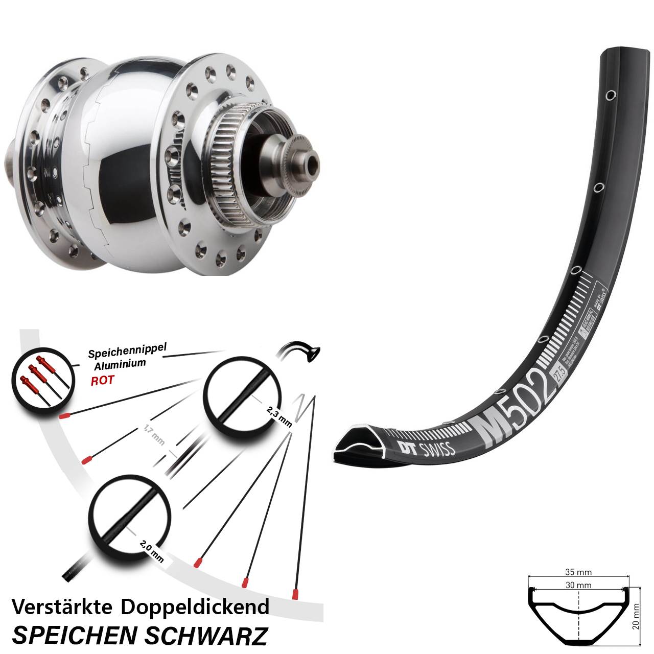 Disc Nabendynamovorderrad 29 Zoll DT Swiss M502 SON 28 QR