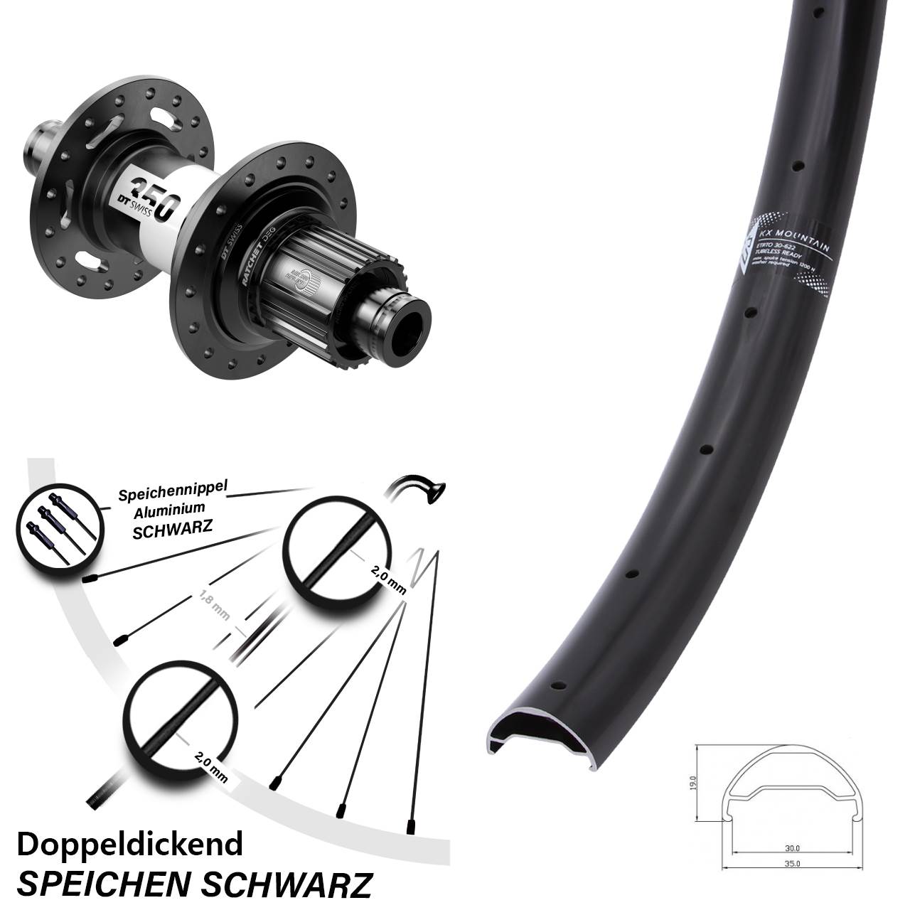 29 Zoll KX Mountain TR DT Swiss 350 DEG 72 Disc Laufrad 12x148 Micro Spline