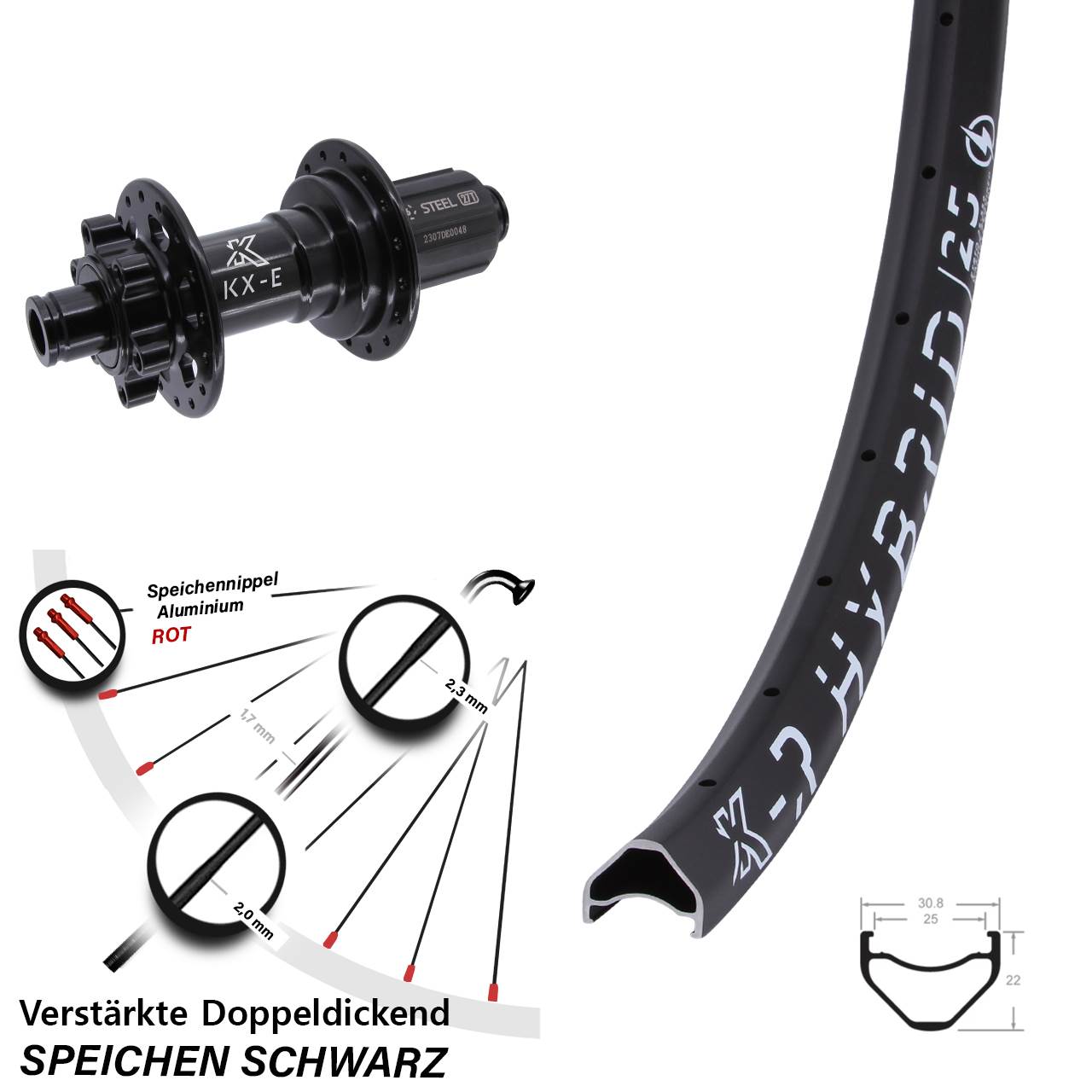 Disc Hinterrad 28-29 Zoll KX-R Hybrid 25 E-Bike Heavy Duty 8-12 fach 12x148 Boost 6-loch