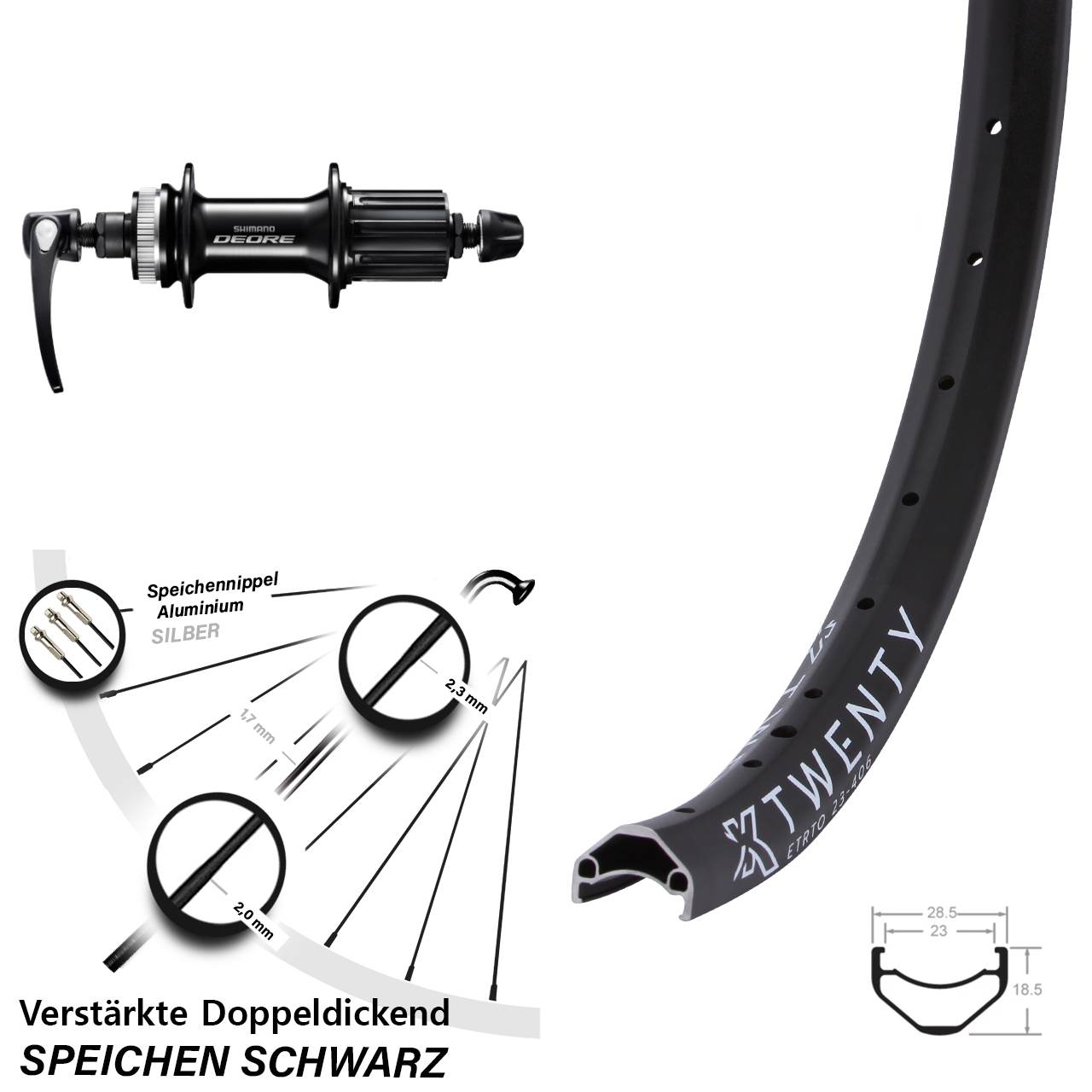 Hinterrad für Schnellspanner 20 Zoll KX Twenty Shimano Deore 8-11 fach HG