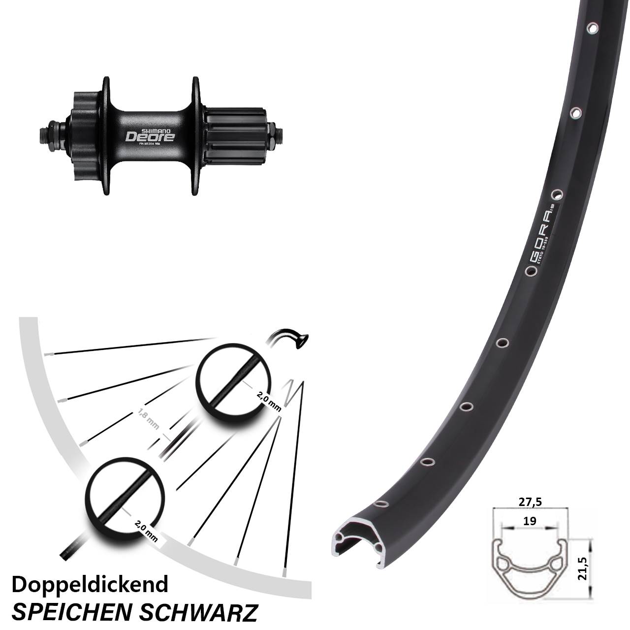 Gora 19 Shimano Deore 27,5 Zoll Disc Hinterrad für Schnellspanner 8-11 fach HG