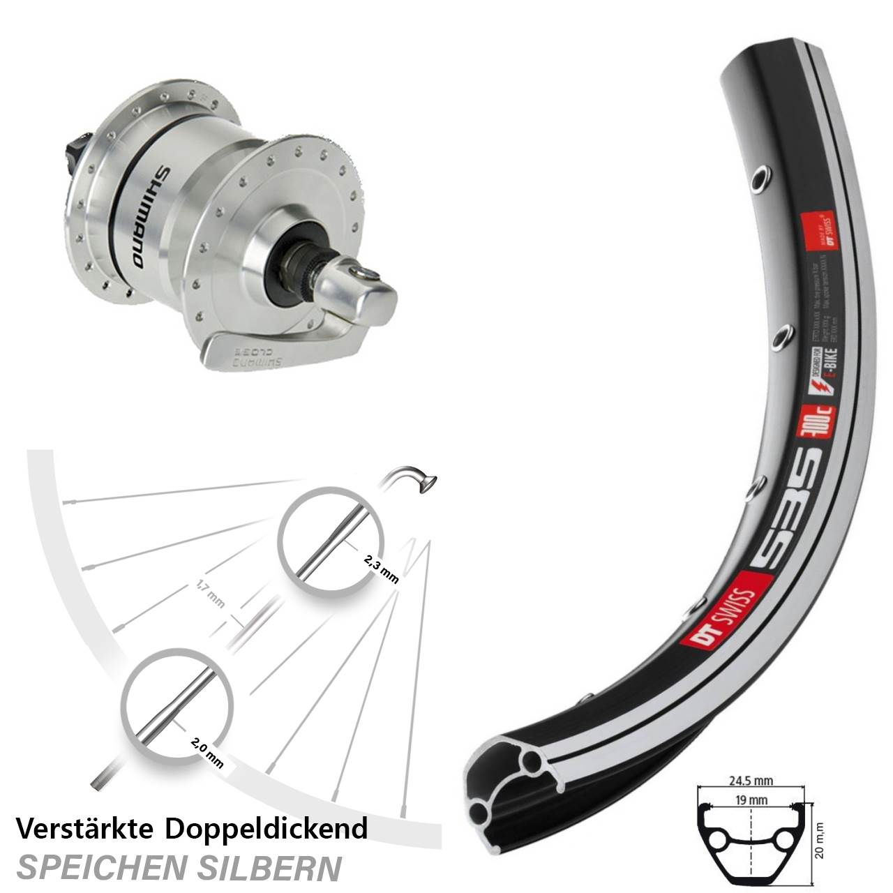 DT Swiss 535 Shimano DH-3N72 28 Zoll Laufrad mit Nabendynamo für Schnellspanner