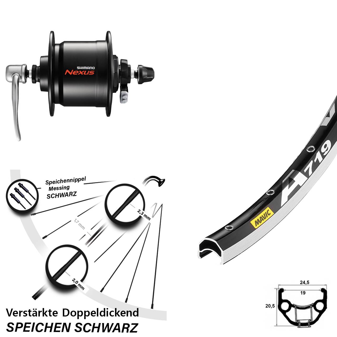 Mavic A719 Shimano Nexus DH-C3000-3N-QR 28 Zoll Laufrad mit Nabendynamo QR