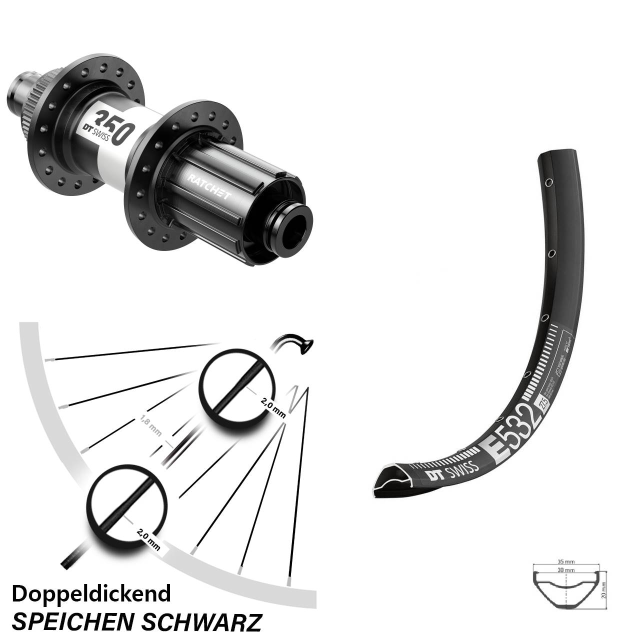 27,5 Zoll Hinterrad MTB Enduro Centerlock Steckachse 12x142 mm 350 DT Swiss E 532 8-11 fach