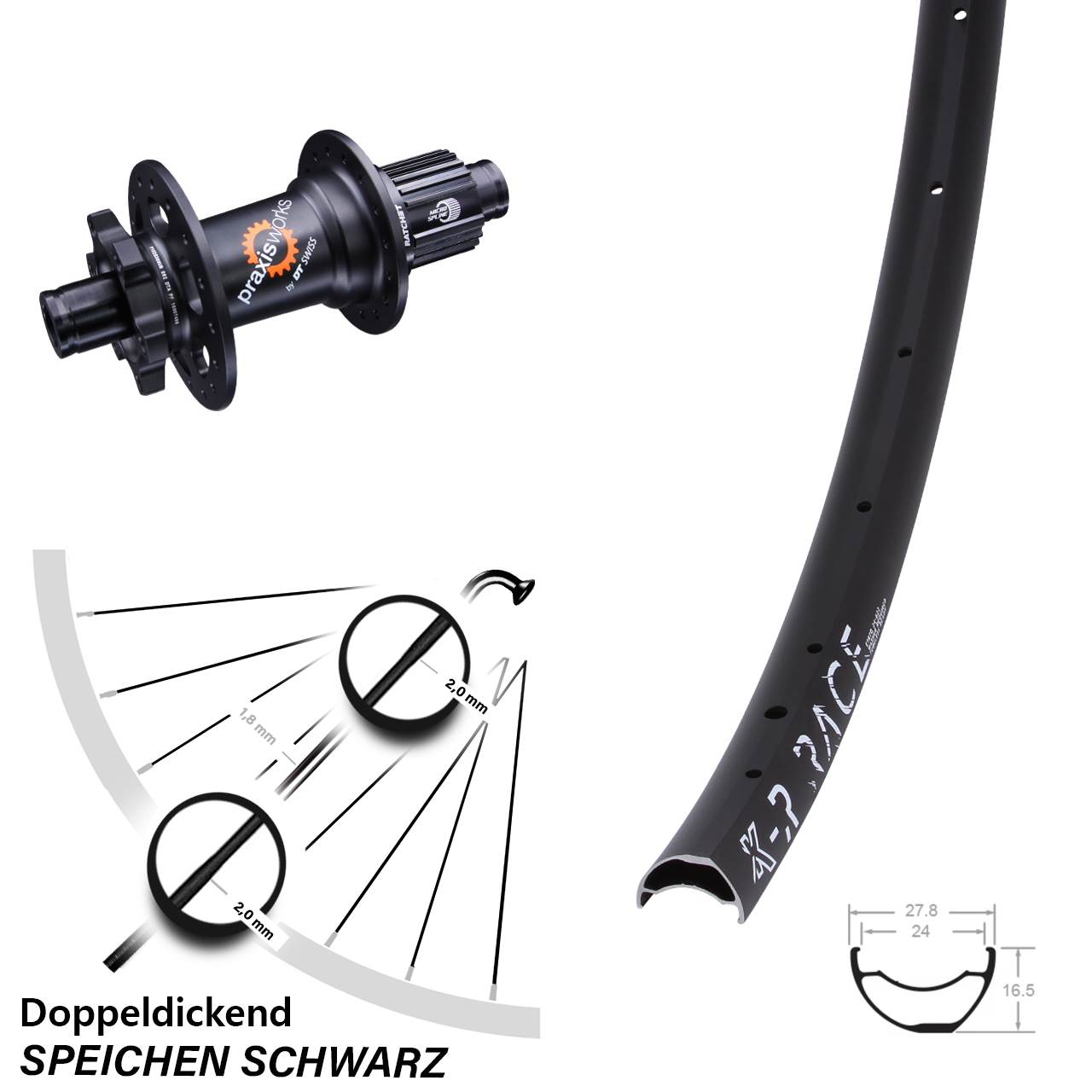 28 Zoll KX-R Race DT Swiss 350 Hinterrad 6-Loch 12x142 Micro Spline