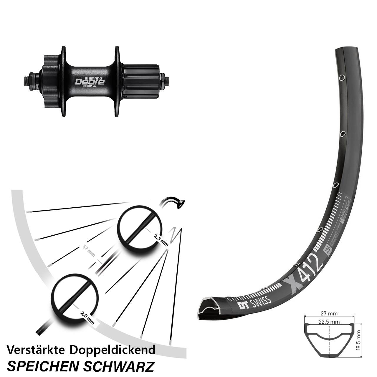 6-Loch Hinterrad 29 Zoll DT Swiss X412 Shimano Deore FH-M525 8-11 fach für Schnellspanner