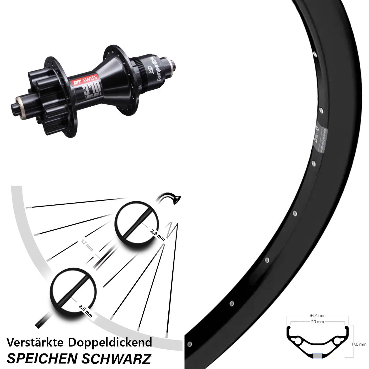 27,5 Zoll Ryde Disc 30 DT Swiss 370 Laufrad QR XD schwarz