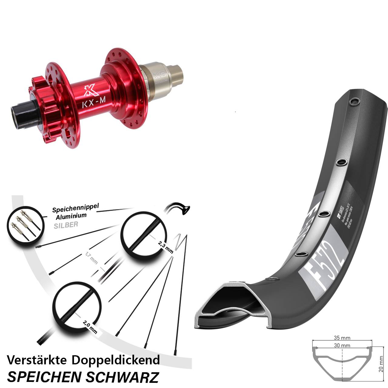 6-Loch Hinterrad 12x142 29 Zoll DT Swiss F572 KX-M rot SRAM XD