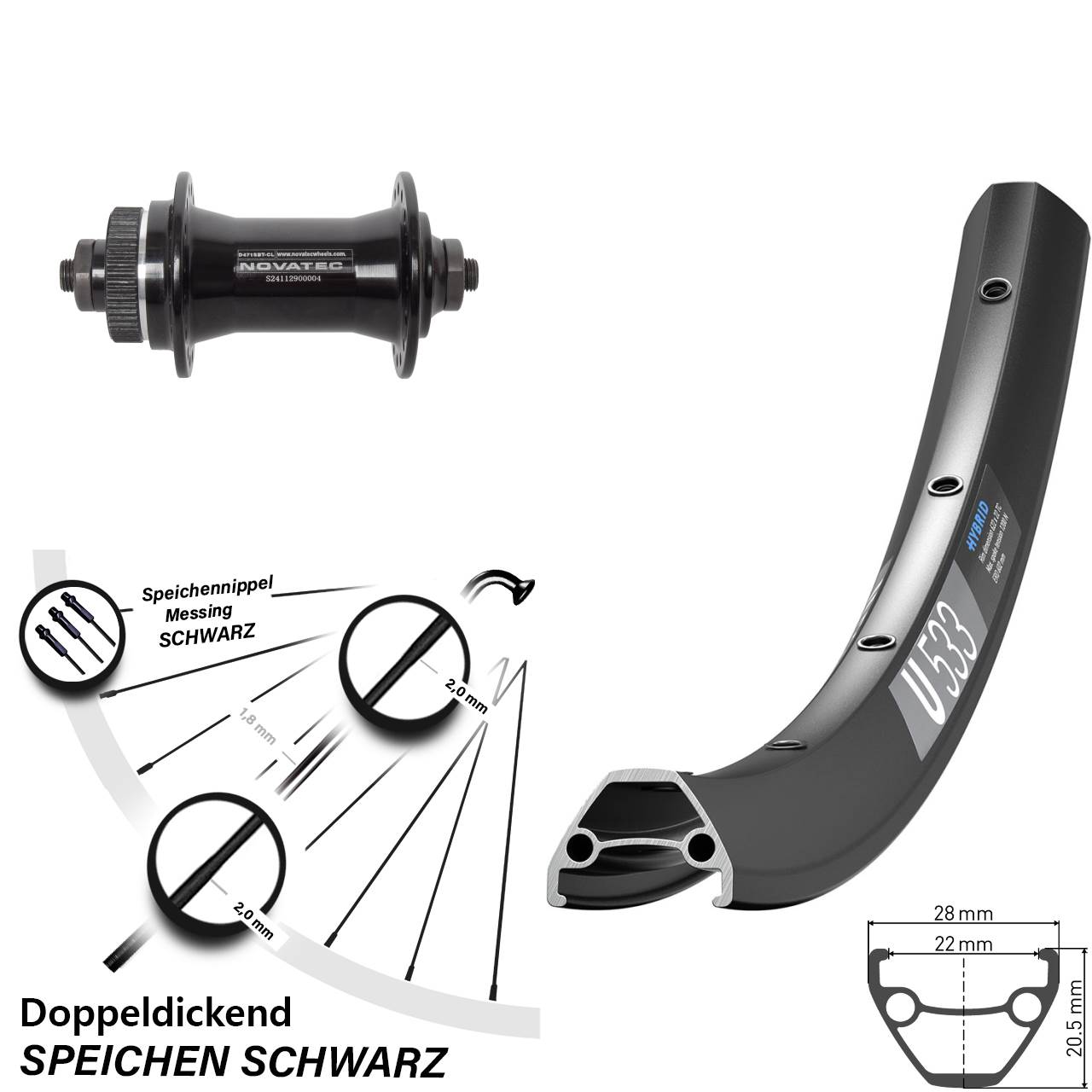 27,5 Zoll DT Swiss U533 Novatec D471 Vorderrad Centerlock QR