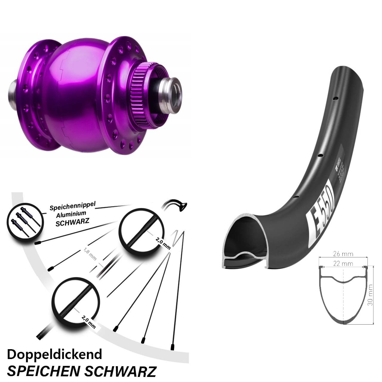 Laufrad 28 Zoll DT Swiss E550 SON 28-12x100 Centerlock violett