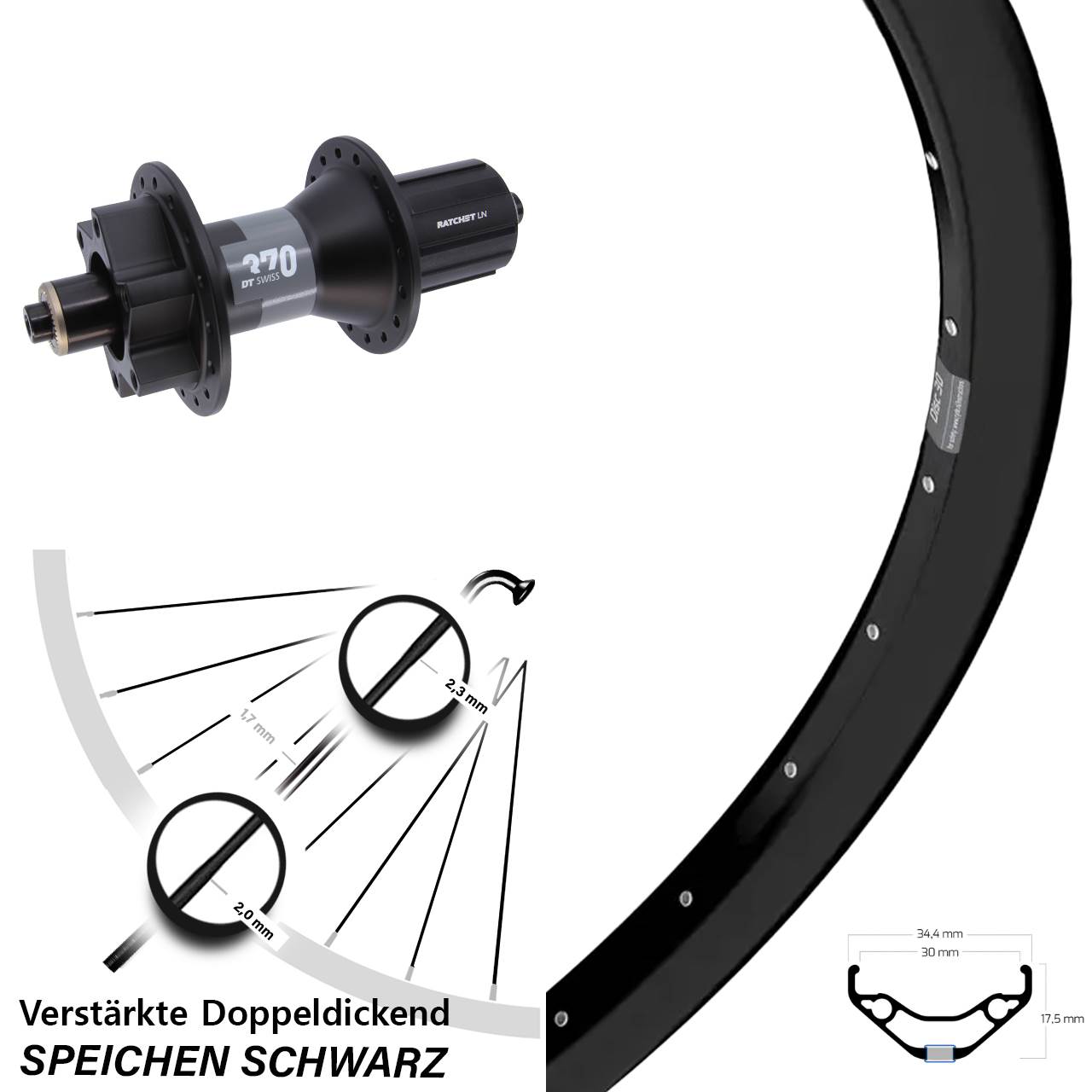6-Loch Hinterrad 27,5 Zoll Ryde Disc 30 DT Swiss 370 8-11 fach HG QR Boost