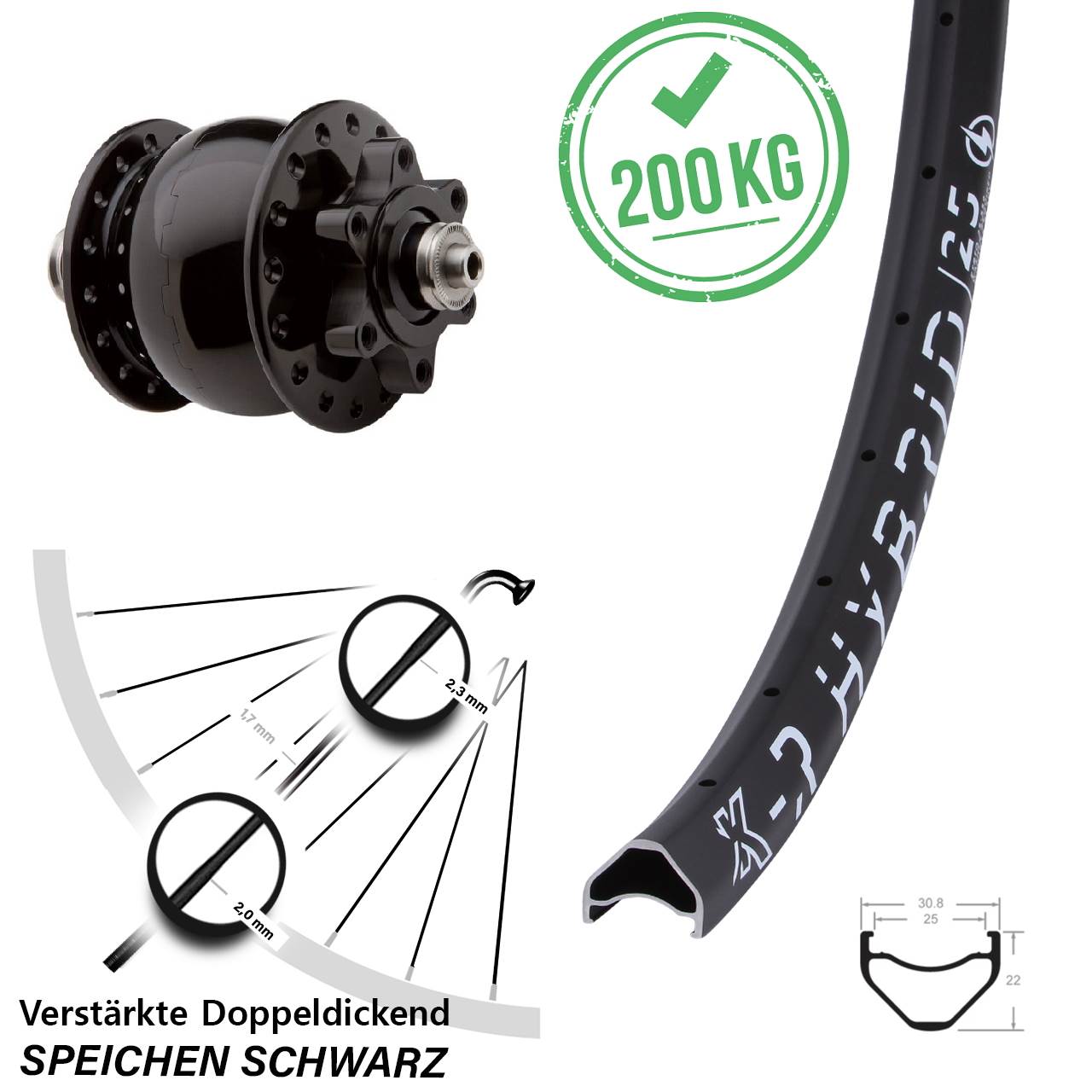 Nabendynamolaufrad SON 28 schwarz 6-Loch KX-R Hybrid 25-622 ETRTO Schnellspanner verstärkt