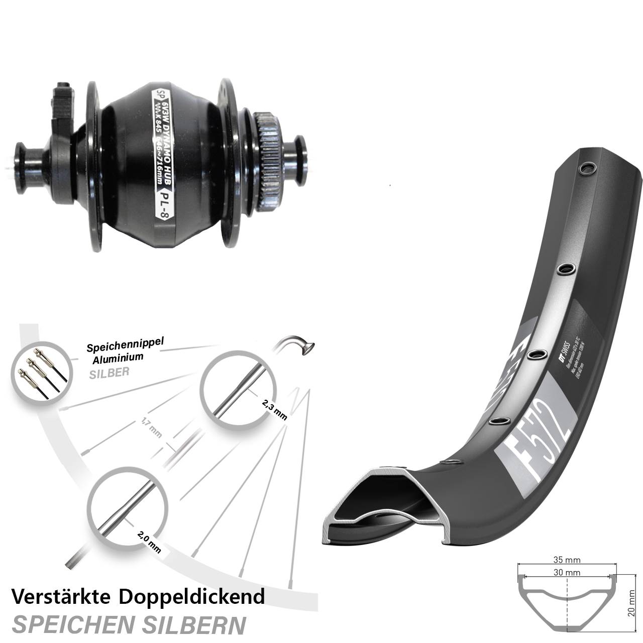 Nabendynamovorderrad Centerlock QR 29 Zoll DT Swiss F572 Shutter PL-8